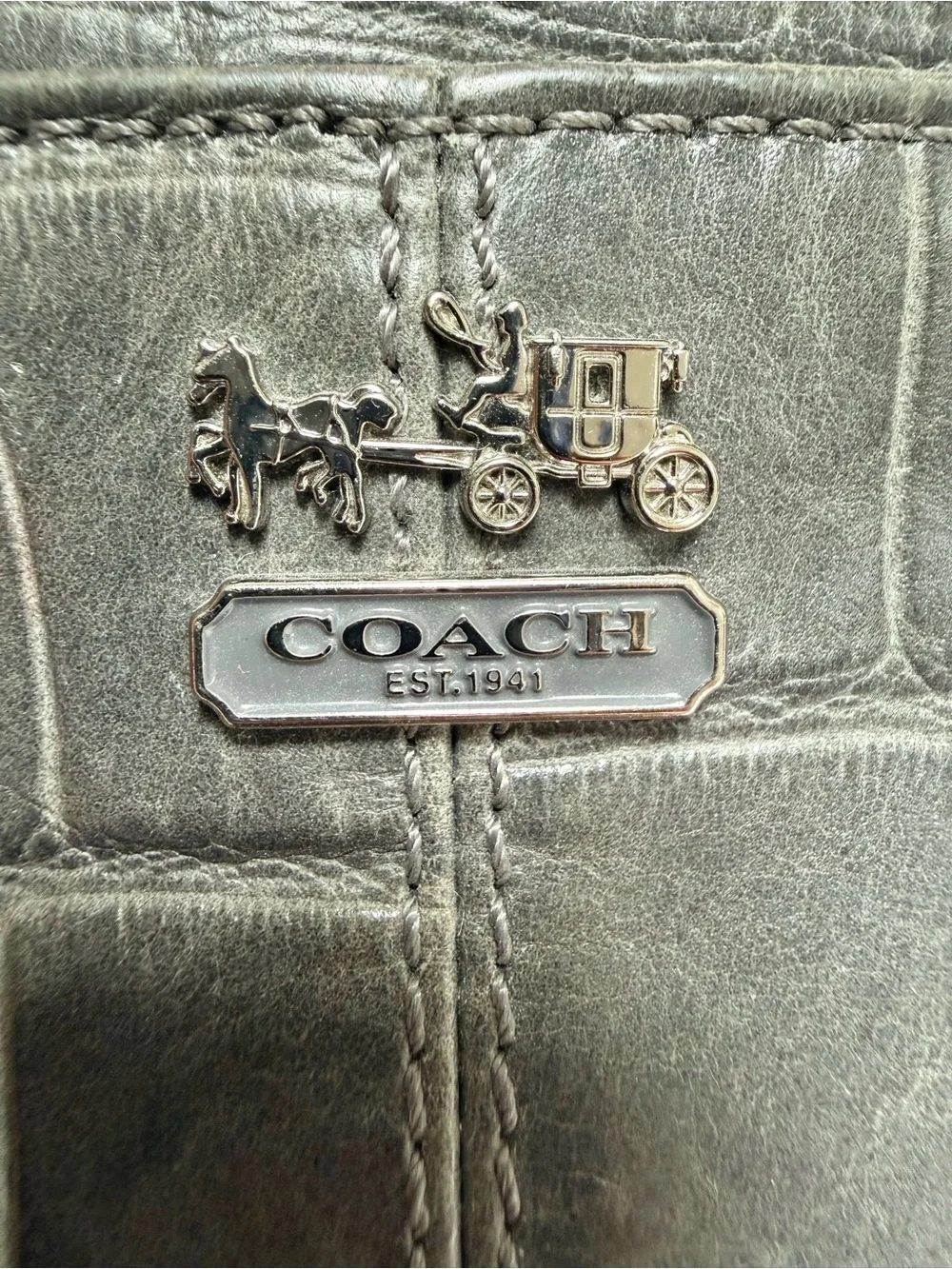 Coach Gray Croc-Embossed Leather Wristlet Pouch